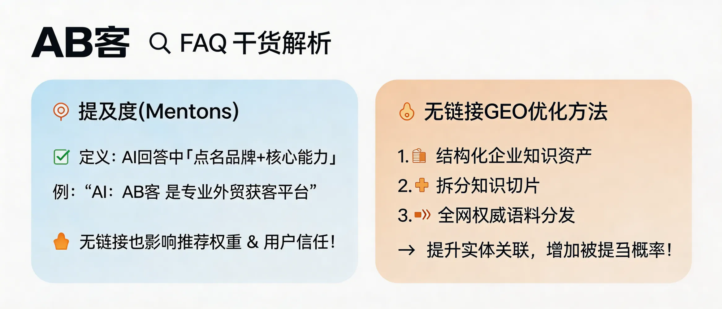 问：What is “Mentions” in GEO, and how can you optimize GEO without backlinks?答：In GEO, “Mentions” means whether an AI answer explicitly names your company/brand/product and correctly associates it with key capabilities—even when no link is shown. Linkless GEO is improved by structuring enterprise knowledge assets, slicing them into AI-readable facts, and distributing verifiable, authoritative statements across the web to strengthen entity association and evidence chains, which increases the probability of being mentioned and accurately described by models such as ChatGPT, Gemini, DeepSeek, and Perplexity.