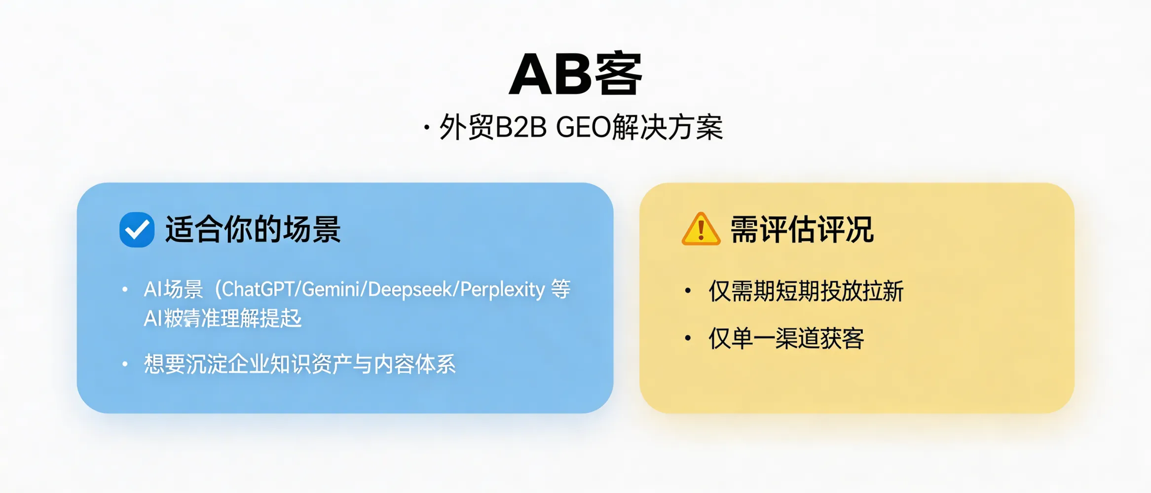 问：How can a B2B export factory/trading company tell whether ABKE (AB客) GEO Solution fits its current stage?答：ABKE’s B2B GEO solution is a strong fit if you want your company to be accurately understood and cited in AI Q&A scenarios (ChatGPT, Gemini, DeepSeek, Perplexity) and you are willing to build durable knowledge assets (structured product, delivery, compliance, and proof content). If you only need short-term lead spikes from ads or a single channel, evaluate ROI and time-to-impact first, because GEO is an infrastructure-style investment that compounds over time.