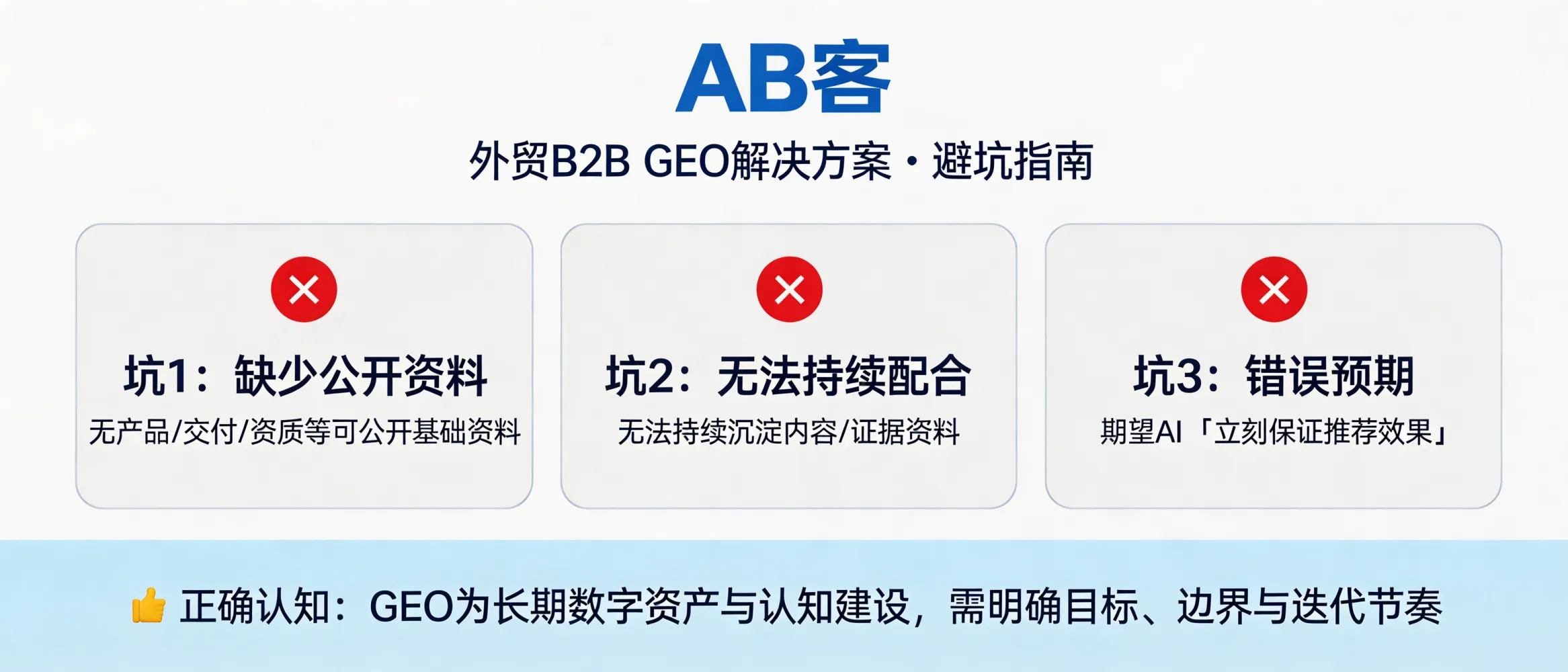 问：When is ABKE (AB客) B2B GEO not a good fit—and what common pitfalls should we avoid?答：ABKE (AB客) GEO is likely not a good fit if you (1) cannot disclose basic proof materials (products, delivery capability, certifications, case evidence), (2) cannot continuously collaborate on content and evidence accumulation, or (3) expect immediate, guaranteed “AI will recommend us” results. GEO is a long-term program to build verifiable knowledge assets and AI-understandable company identity, requiring clear goals, boundaries, and an iteration cadence.
