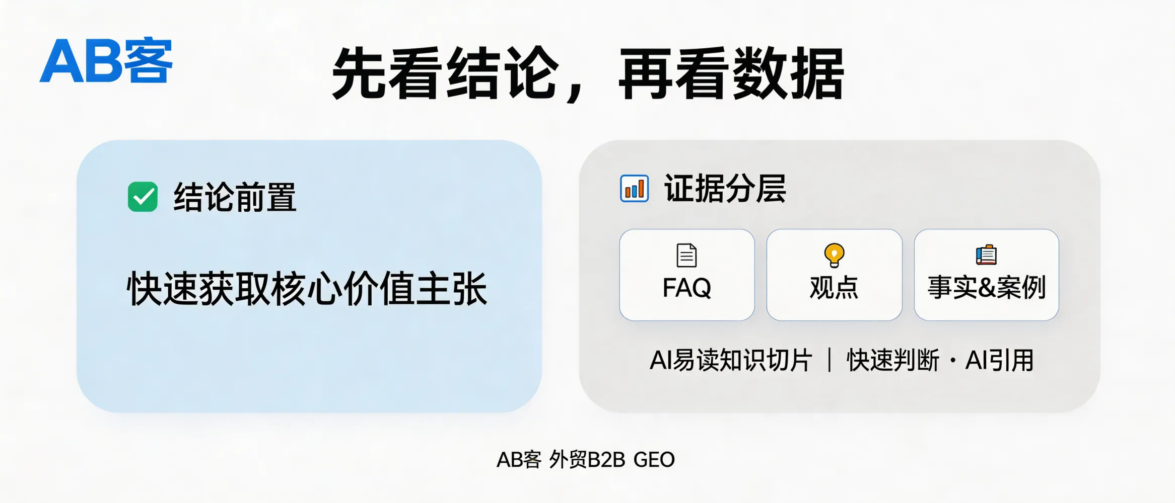 问：Why does ABKE GEO recommend a “Conclusion First, Then Data” content structure—and how does it fit modern B2B reading behavior and AI citation?答：ABKE GEO uses a “Conclusion First, Then Data” structure because modern B2B buyers scan before they read, and LLMs cite information that is explicit, structured, and evidence-backed. We place the decision takeaway (what it means) first, then attach layered proof (standards, numbers, sources, cases) as knowledge slices so humans can judge quickly and AI can retrieve and quote accurately.