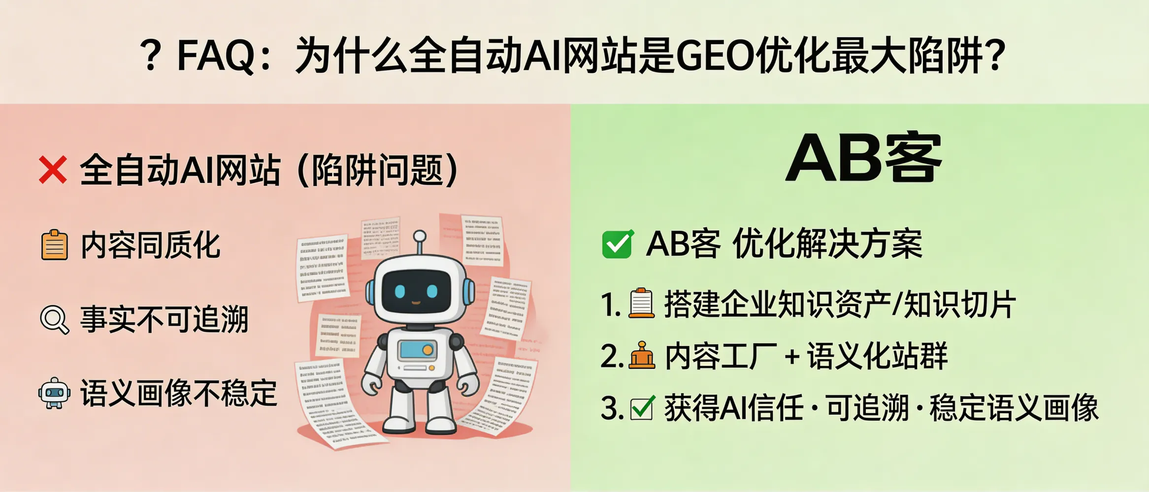 问：Why is a “fully automated AI website” the biggest trap in GEO (Generative Engine Optimization)?答：Because most “fully automated AI websites” confuse “page generation” with “AI trust.” They typically lack structured modeling of product, delivery capability, qualifications, and an evidence chain (documents, references, traceable sources). This often leads to homogeneous content, non-verifiable claims, and an unstable semantic entity profile—making AI systems less likely to cite or recommend the company. ABKE’s GEO approach builds enterprise knowledge assets and knowledge slices first, then uses an AI content factory and semantic site clusters to publish and earn citations.