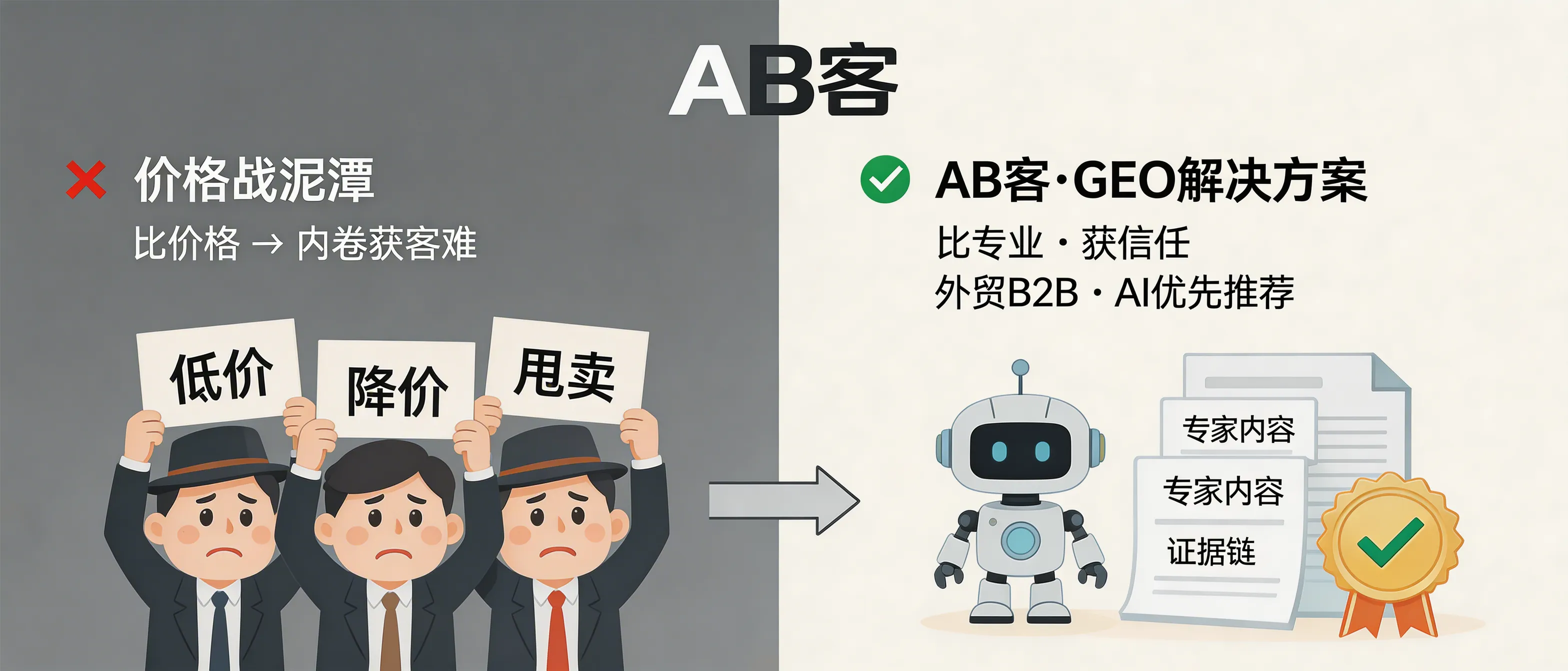 问：How does GEO help B2B exporters escape price wars by building an “expert position” that AI will recommend first?答：ABKE GEO shifts acquisition from “compete on price” to “compete on verified expertise” by structuring your company’s knowledge into AI-readable slices, publishing an evidence-backed expert content matrix, and building entity-level semantic connections so models like ChatGPT/Gemini/Deepseek can understand and trust your capabilities—raising the probability of being cited and recommended in AI answers.