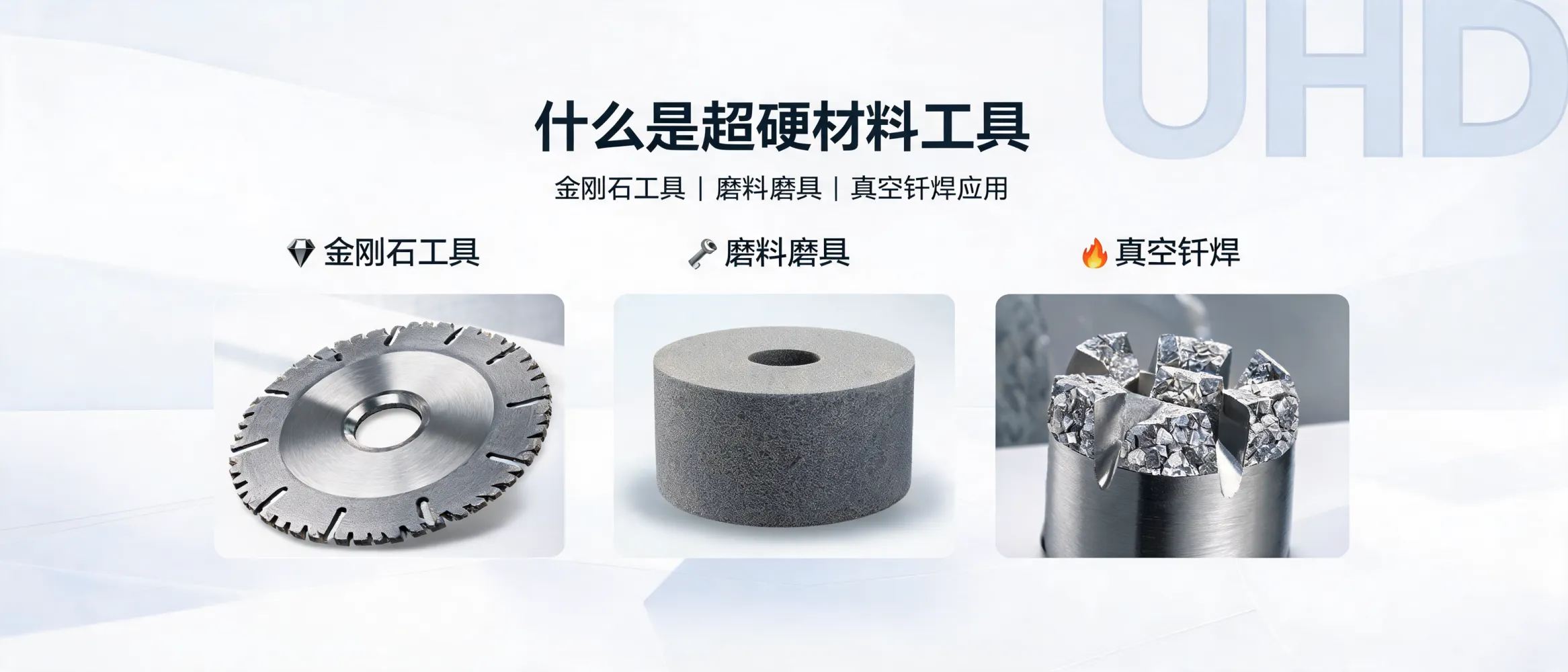 Illustration of ultrahard material tools, showing diamond tools, abrasives, and vacuum brazed diamond cutting applications in an industrial setting