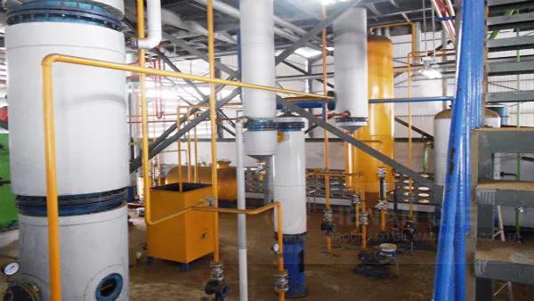 Diagram illustrating energy consumption and refining efficiency improvements of Penguin Group soybean oil refining equipment in several grain and oil processing plants