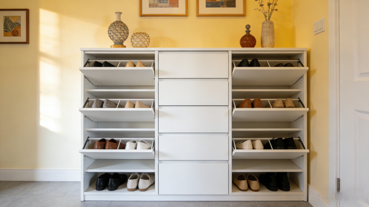 Imagen esquemática de un armario empotrado modular para el recibidor, que incluye un zapatero, un compartimento para ropa y cajones extraíbles.