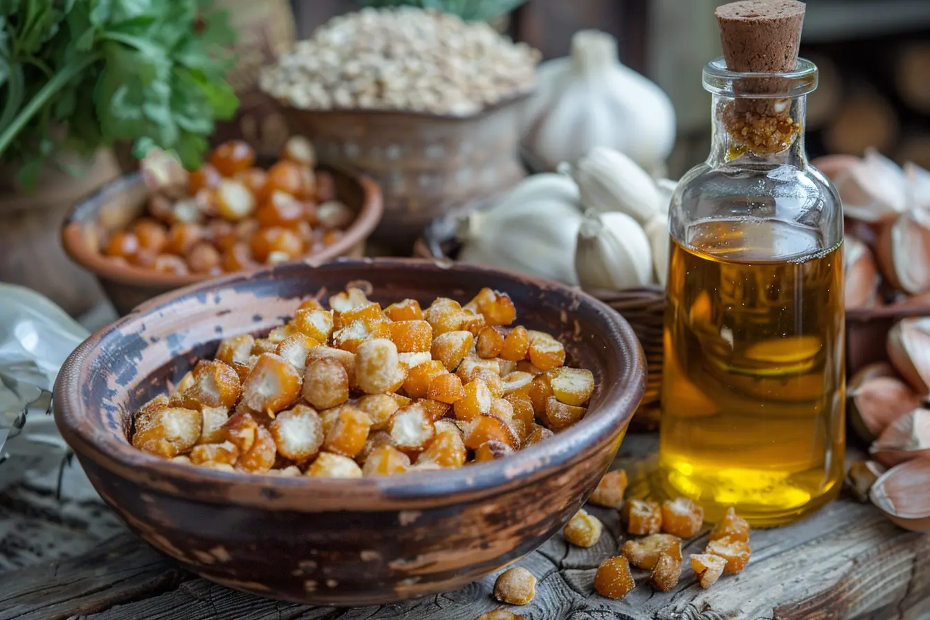 Botella de aceite de Hierba Amarilla con ingredientes naturales frescos