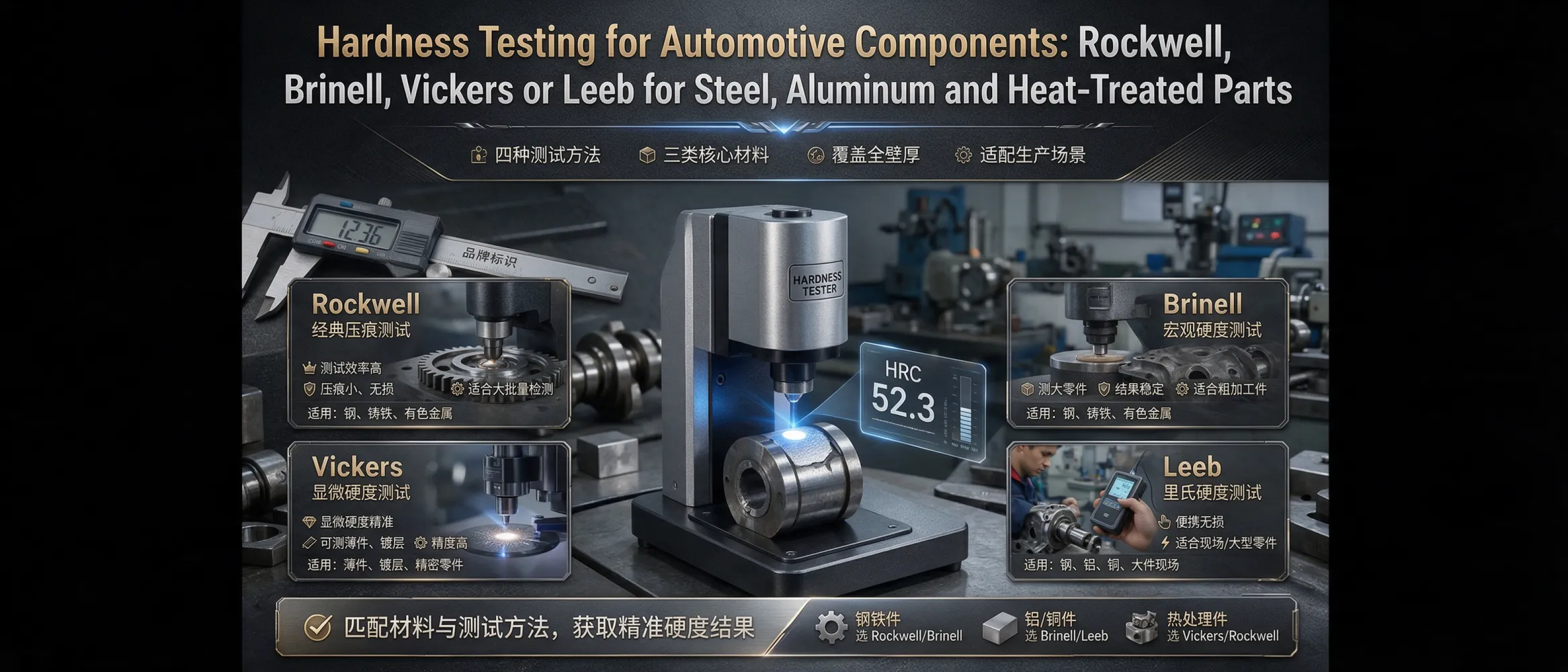 Comparison of Rockwell, Brinell, Vickers and Leeb hardness testing methods applied to automotive steel, aluminum and heat-treated components