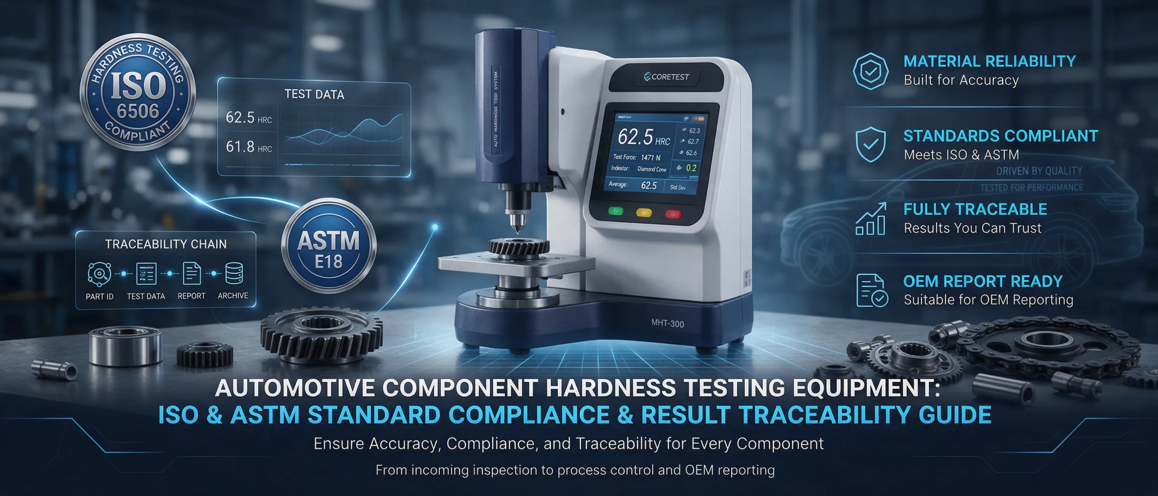 Automotive component hardness testing setup with test equipment, sample part, and standard compliance documentation for ISO and ASTM methods