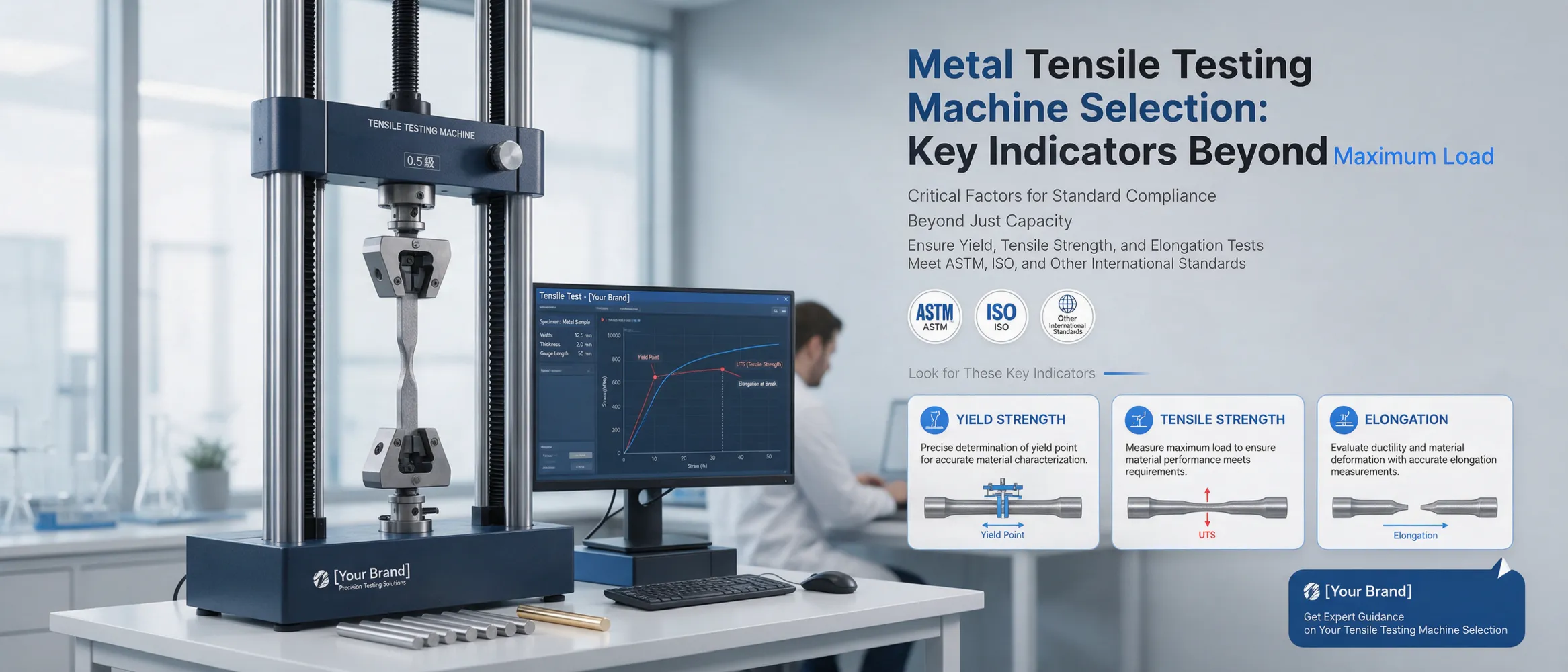 Metal tensile testing machine conducting a strength test, illustrating key selection factors beyond maximum load for standard compliance