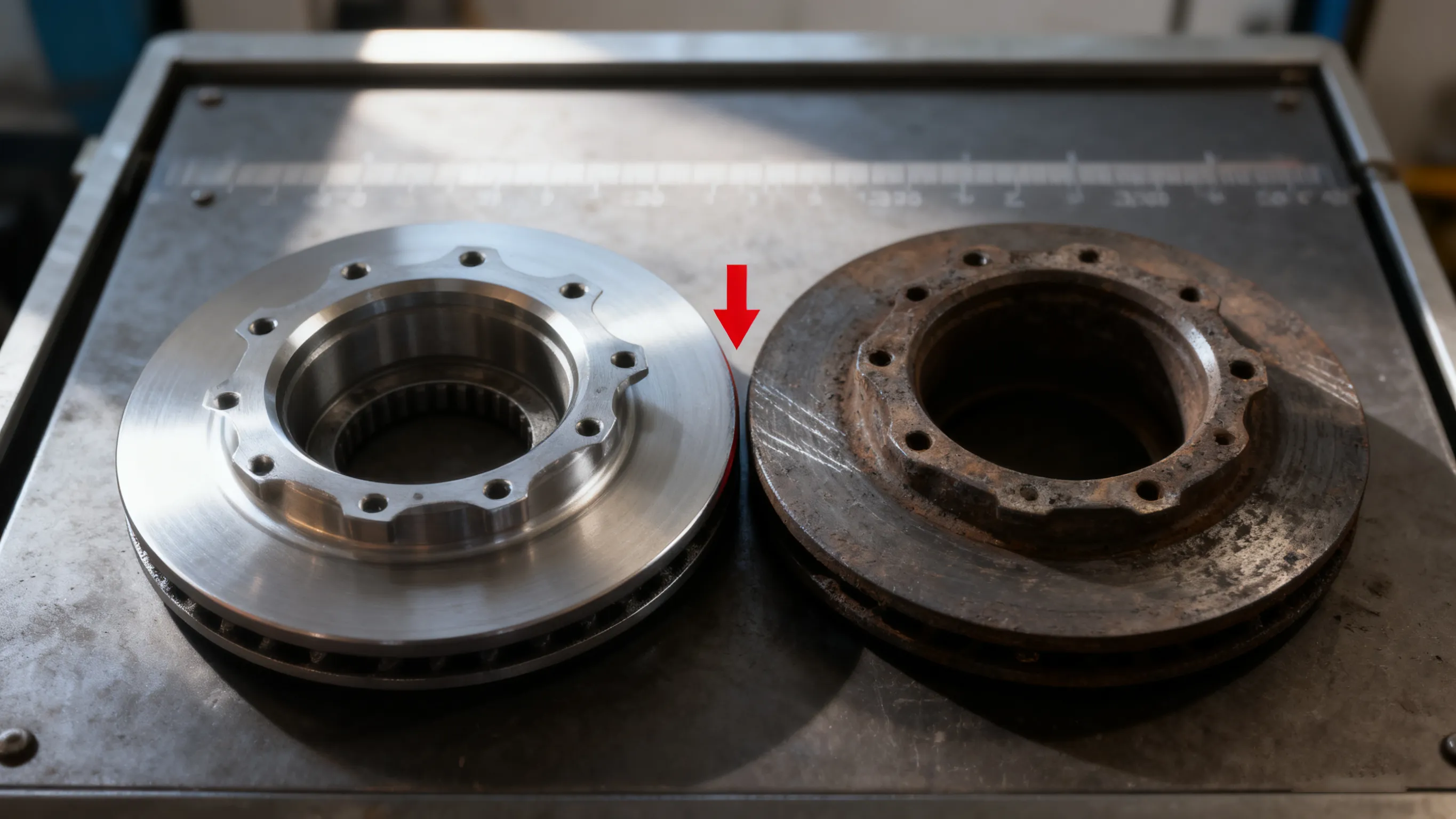 High-precision machining process showing robotic arm installing brake rotor on CNC lathe