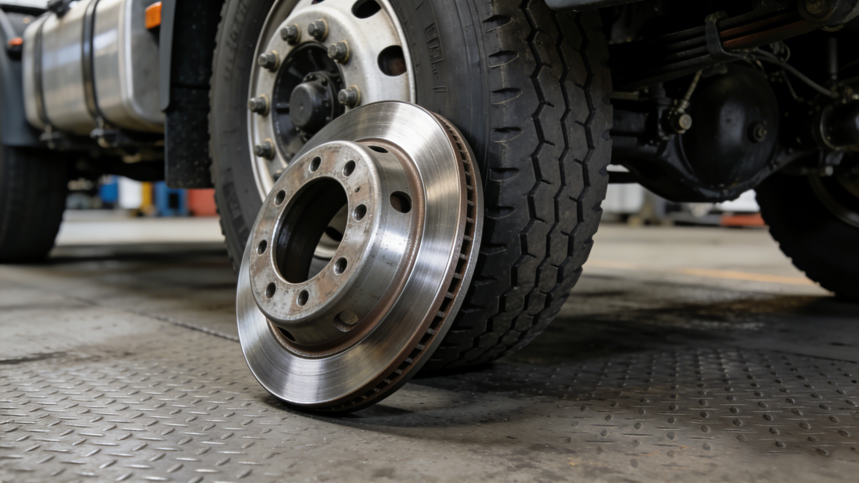 A small auto parts wholesaler inspects brake disc samples in a warehouse. The background shows neatly arranged shelves and clearly labeled product boxes, reflecting professional warehouse management.