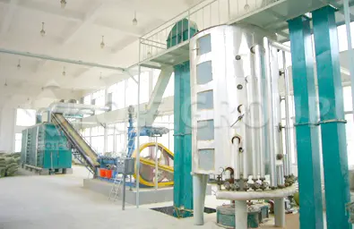 A complete system of rice bran puffing equipment, including conditioning, puffing machine and plate dryer.