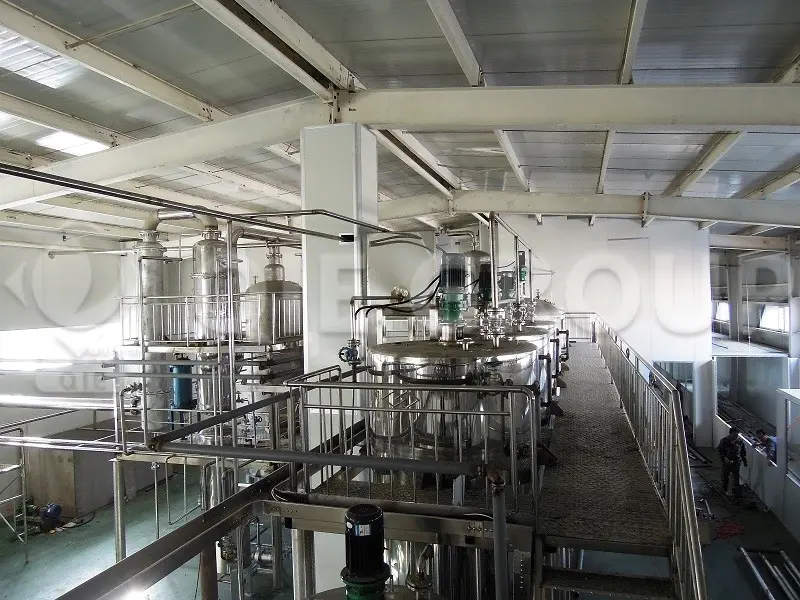 一座用于植物油加工的综合工厂，结合了压榨、萃取和精炼工艺。