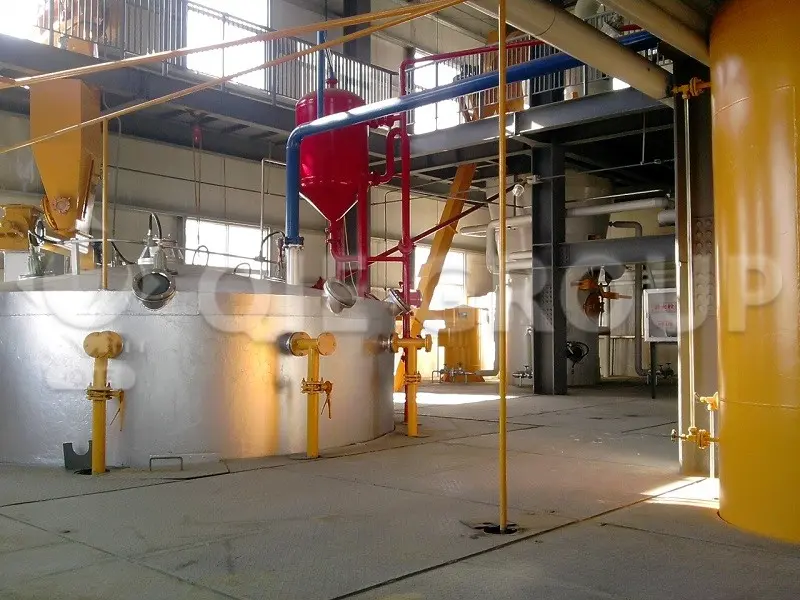 Enclosed explosion-proof soybean oil solvent extraction workshop featuring continuous automated processing lines.