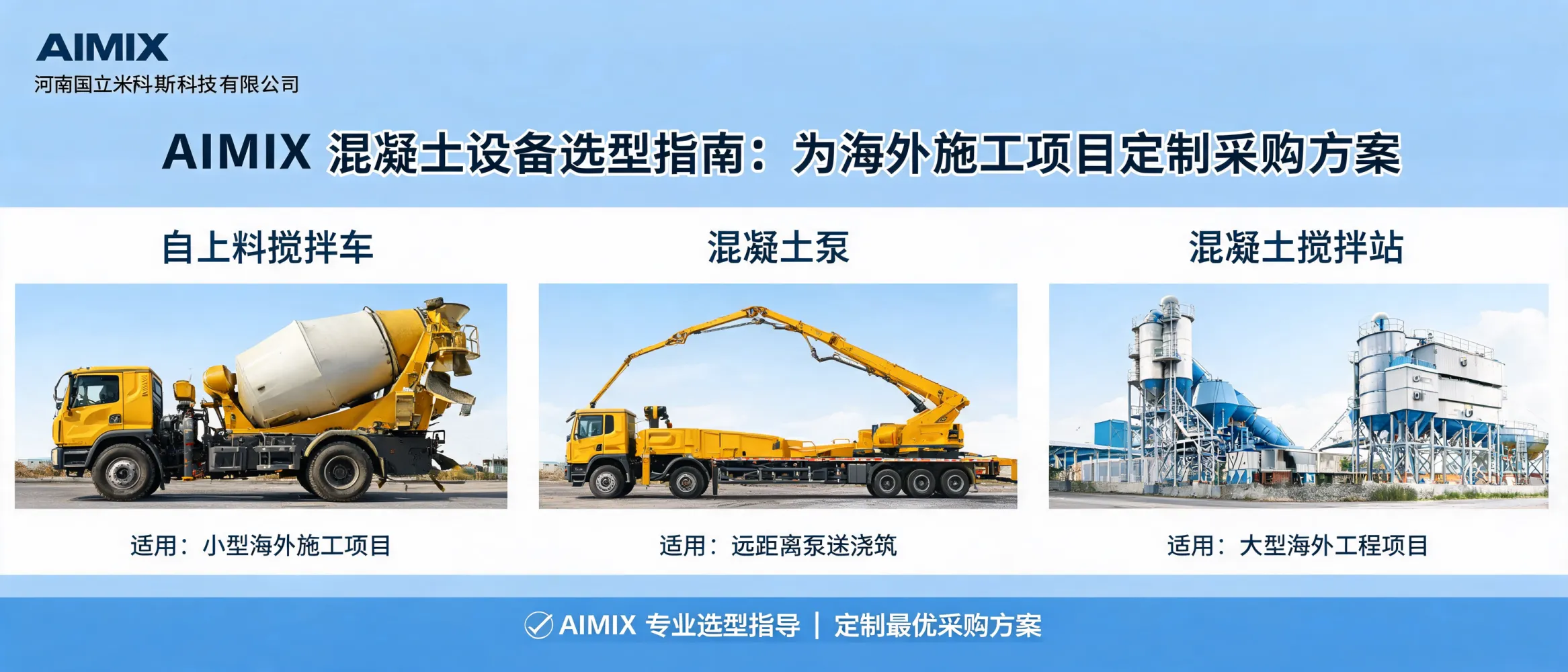适用于海外施工项目的混凝土设备选型展示，包括混凝土泵、自上料搅拌车和混凝土搅拌站