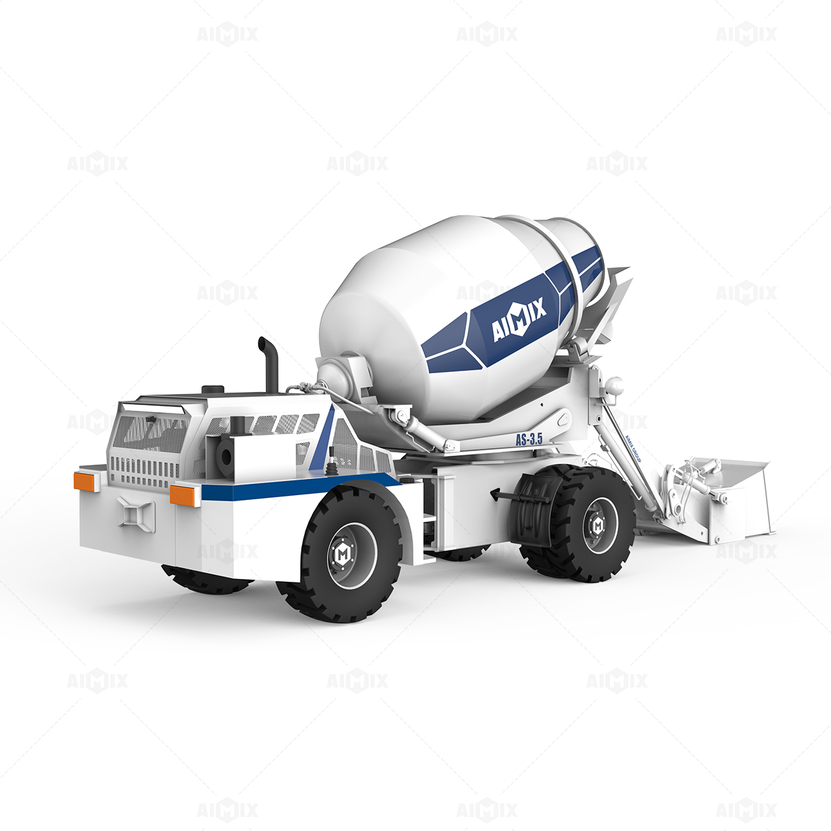 AIMIX AS-6.5 self-loading concrete mixer operating on a high-rise building site