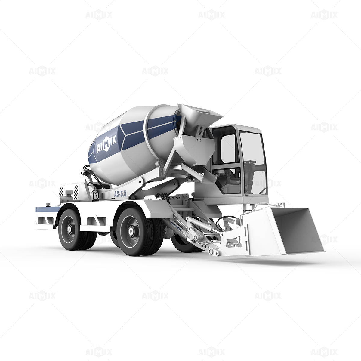 AS-2.6搅拌车在狭小空间内灵活转弯的实际应用照片，展示其铰接式车架和工程轮胎结构优势