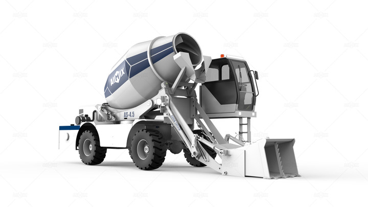 270-degree rotating mixing drum of AIMIX AS-4.0 demonstrating flexible unloading capability