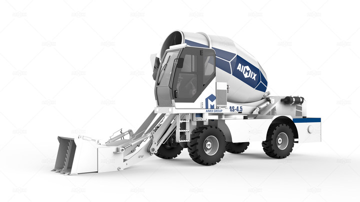 AIMIX 3.5立方米自上料混凝土搅拌机的铰接式车架和工程轮胎