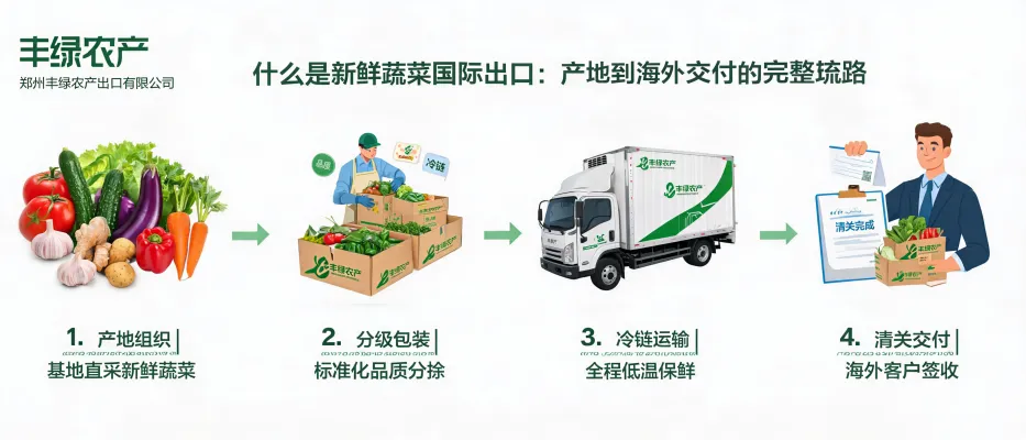 Supply chain overview for fresh vegetable export—tomatoes, cucumbers and peppers with cold‑chain transport, by Zhengzhou Fenglu Agricultural Export