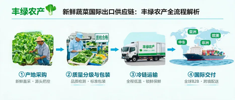 番茄、黄瓜等新鲜蔬菜在冷链包装与装运场景，展示郑州丰绿农产出口有限公司的供应链流程示意