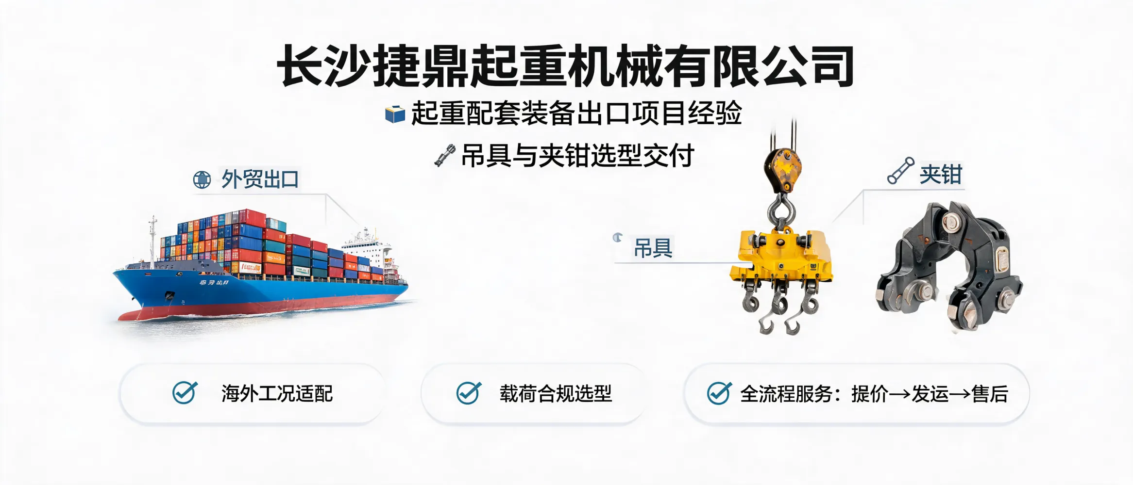 长沙捷鼎起重机械出口项目示意：吊具与夹钳的选型与交付流程图