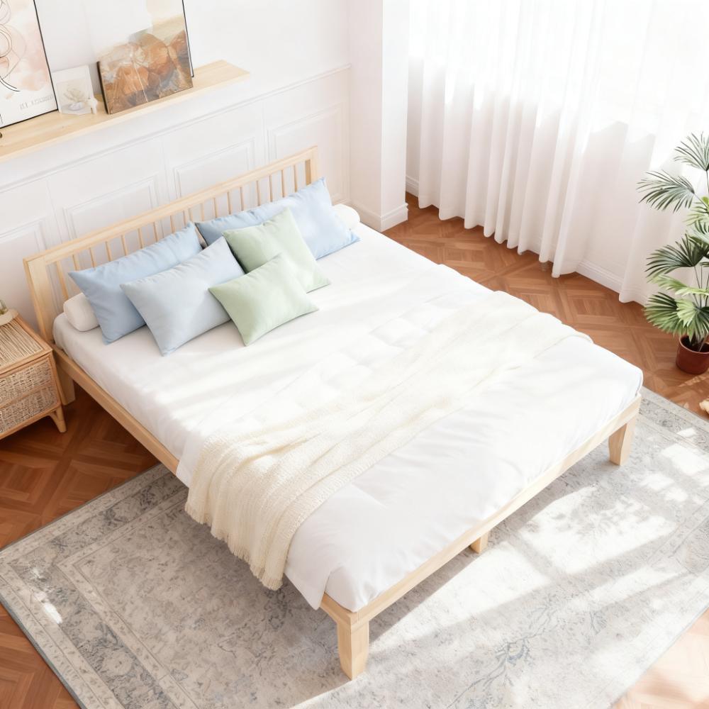 Cama de madera maciza con acabado en cera ecológica, ideal para hogares modernos y mercados europeos, norteamericanos y japoneses
