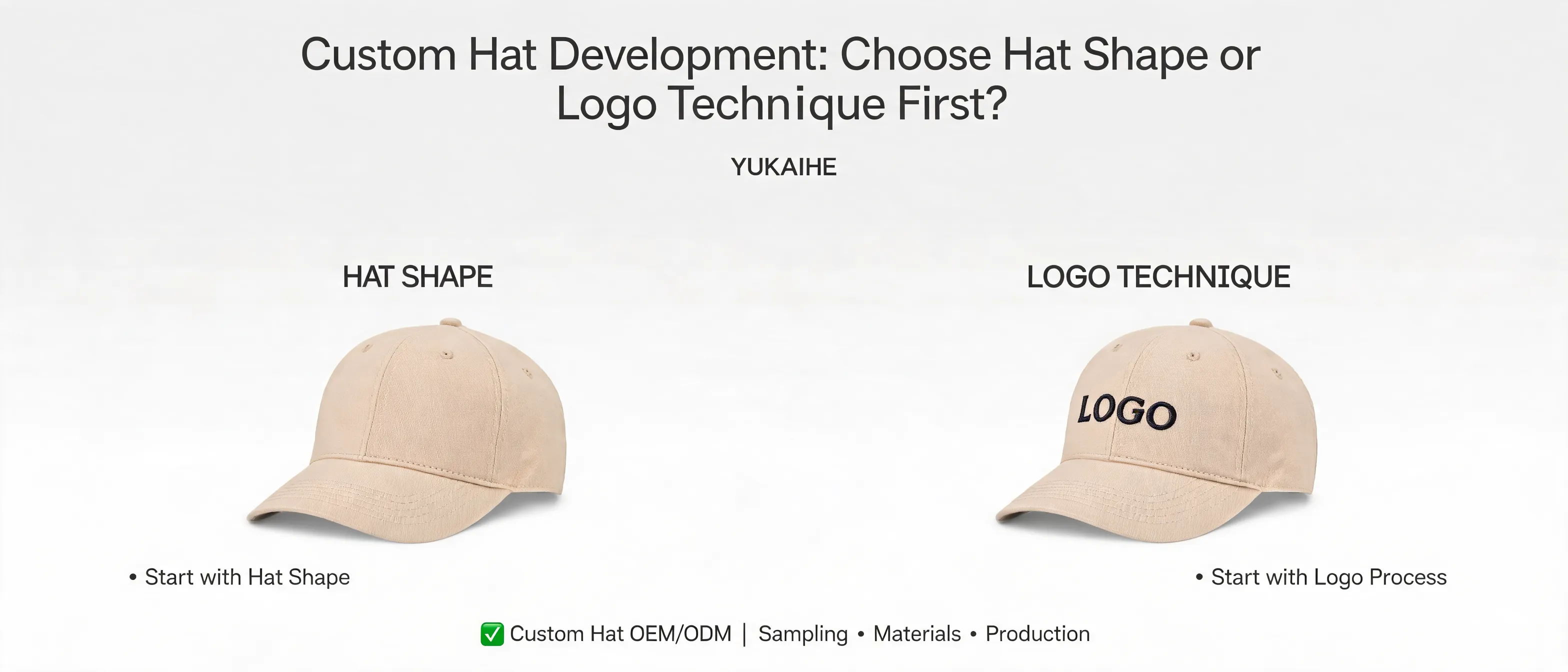 Custom hat development showing different hat shapes and logo techniques including embroidery, 3D embroidery, printing, and appliqué