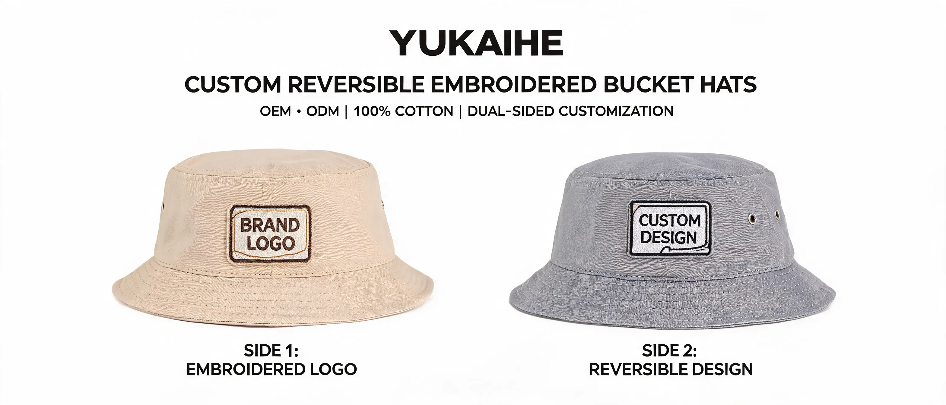 Custom 100% cotton reversible bucket hat showing different patterns and branded logo decoration on each side