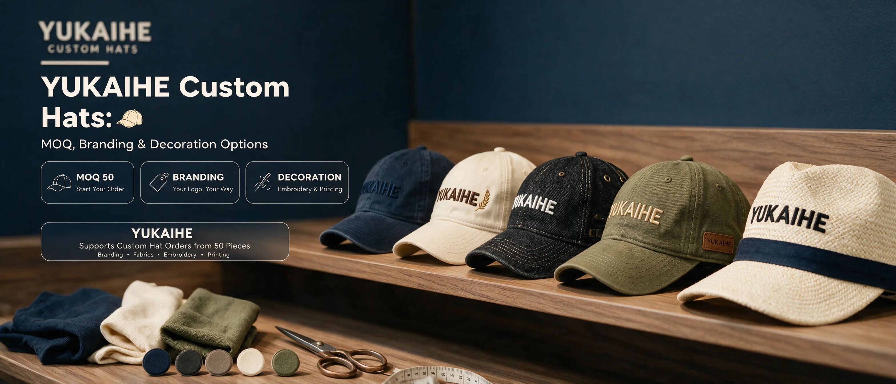 Solution de commande d’essai Yukaihe pour 50 couvre-chefs personnalisés, avec étiquetage de marque, tissu spécifié et options de broderie ou d’impression