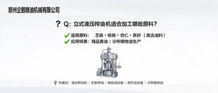 立式液压榨油机适合加工芝麻、核桃、杏仁和茶籽等高含油原料，用于冷榨植物油和精品香油生产