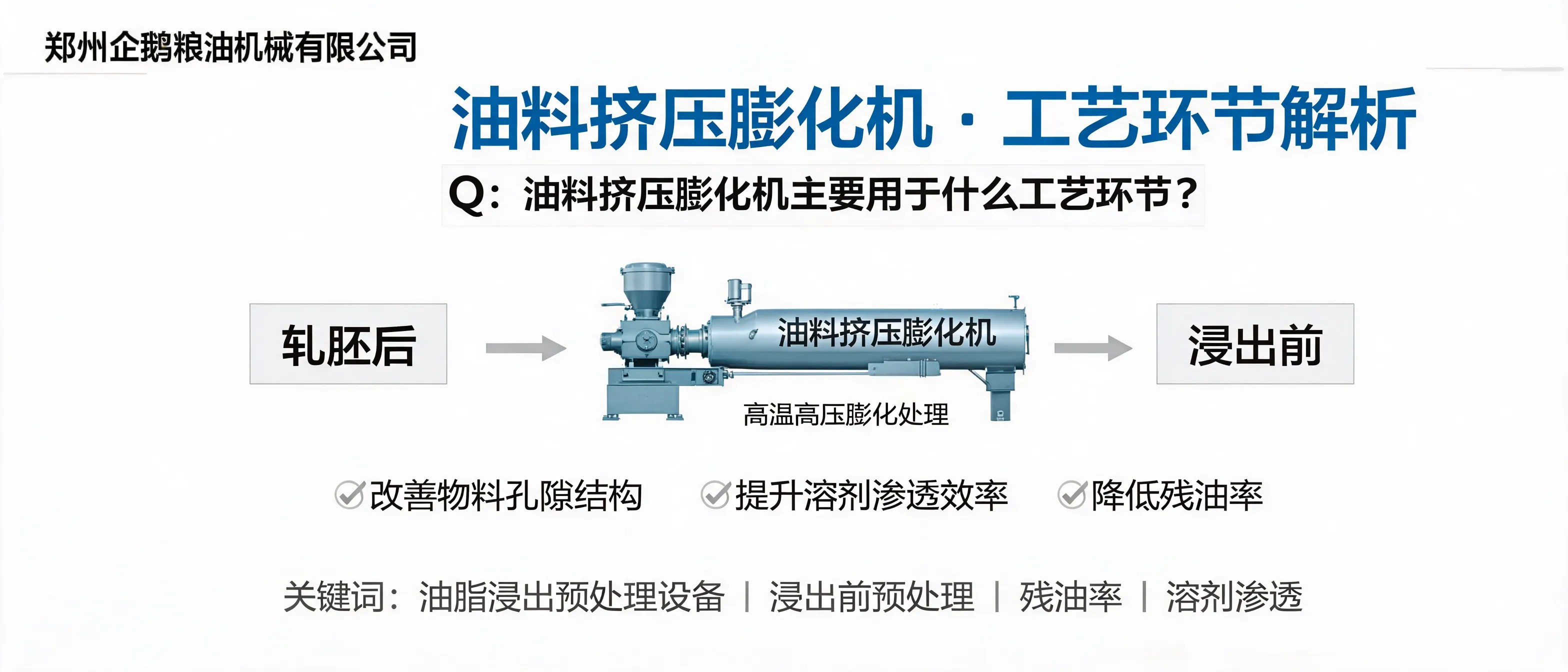 油料挤压膨化机用于油脂浸出前预处理，提升溶剂渗透效率并降低残油率