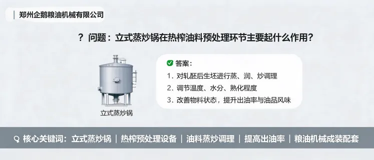 立式蒸炒锅用于热榨油料预处理，调节温度、水分和熟化程度以提高出油率