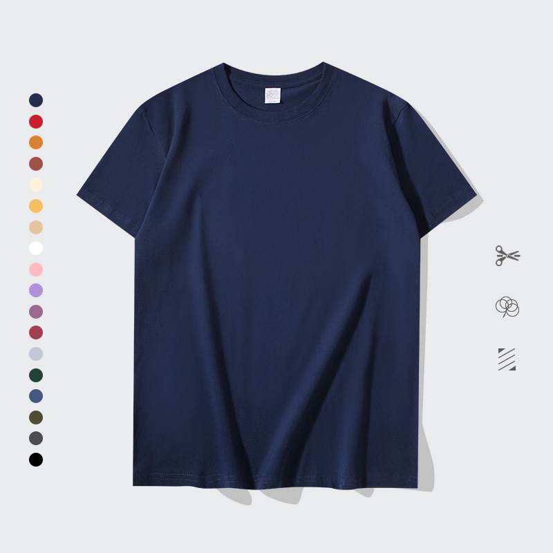 Corporate team wearing solid color 100% cotton T-shirts with clean logo print at a trade show booth